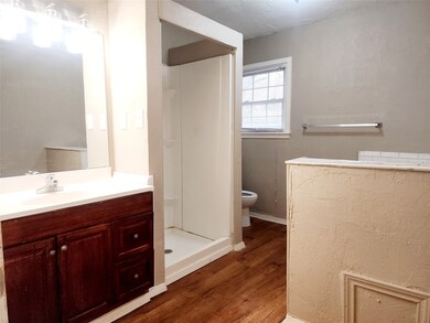 Full bathroom featuring vanity, a shower stall, and dark wood-type flooring