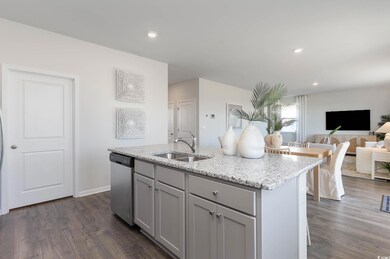 Kitchen with gray cabinets, dark wood-style flooring, stainless steel dishwasher, a sink, and light stone counters