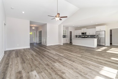 Unfurnished living room with ceiling fan, light wo