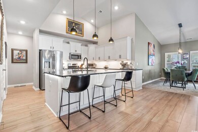 Kitchen with stainless steel appliances, dark coun