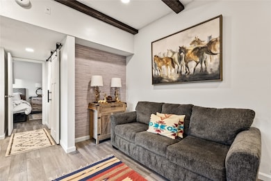 Living room with a barn door, beamed ceiling, and