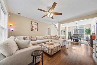 Living room featuring dark wood-style floors, a chandelier, and ceiling fan