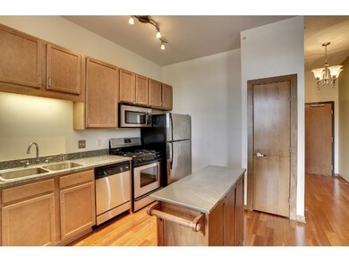 The kitchen includes an island