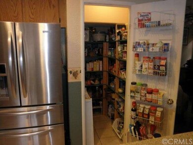 Lighted walk-in pantry with shelving.