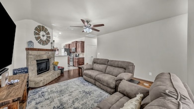 Living room flows to kitchen