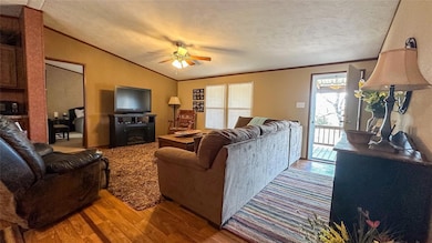 Living room featuring lofted ceiling, crown moldin