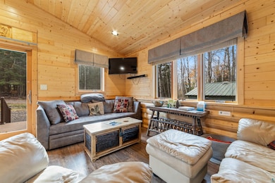 Living room with lofted ceiling, dark wood-type fl