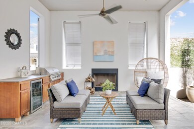 Outdoor living area with fireplace