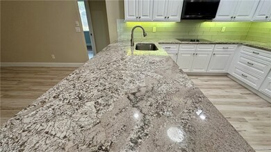 Kitchen with light wood finished floors, light sto