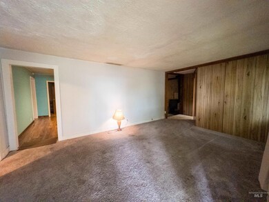 Spare room featuring wooden walls, carpet, and a textured ceiling