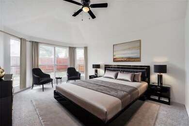 Bedroom with light carpet, vaulted ceiling, and ce