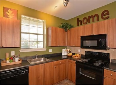 Kitchen featuring black appliances, sink, and back