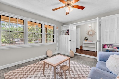 Carpeted living area featuring baseboards, ceiling fan, and a textured ceiling
