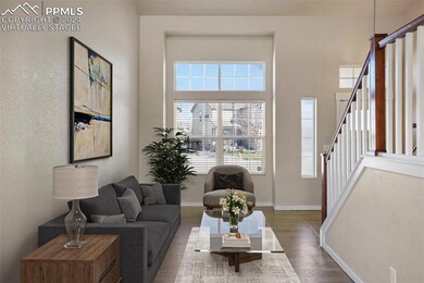 *virtually staged* Living room with dark wood-type