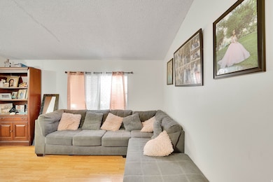 Living area with light wood finished floors, a textured ceiling, and lofted ceiling