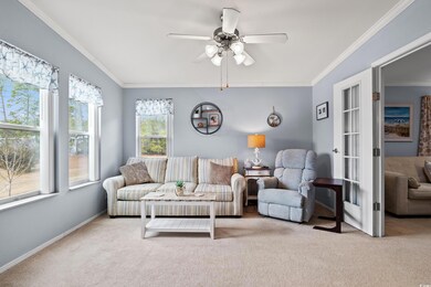 Living room featuring ornamental molding, light co