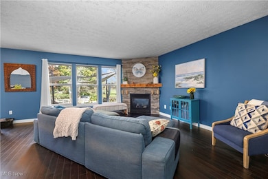 Living room featuring a textured ceiling, dark wood-style floors, and a fireplace