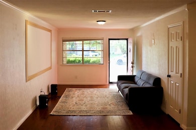 Living room featuring crown molding, visible vents