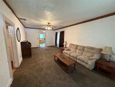 Living area with carpet flooring, crown molding, c