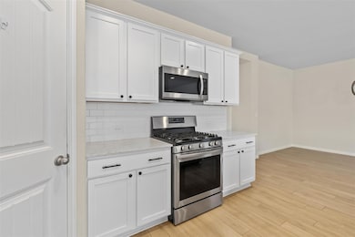 Kitchen with stainless steel appliances, backspla