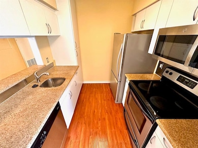 Kitchen with stainless steel appliances, light wo