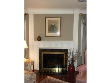 The gas fireplace is highlighted by black marble, 