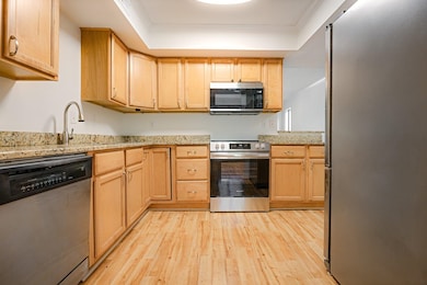 Kitchen with appliances with stainless steel finishes, a tray ceiling, light wood-style flooring, light brown cabinetry, and ornamental molding