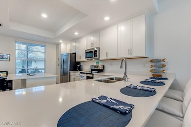 Kitchen featuring a raised ceiling, sink, white cabinets, and appliances with stainless steel finishes
