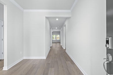 Hall featuring light wood-type flooring and orname