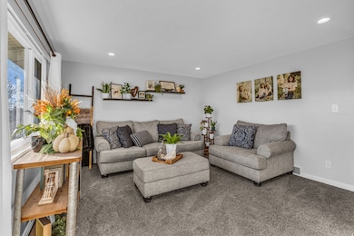 Living room featuring carpet flooring and recessed lighting