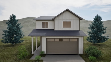 View of front facade with an attached garage, a mountain view, and driveway