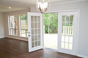 Doorway to outside with dark wood-type flooring, a