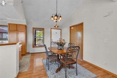 Dining room featuring high vaulted ceiling, light wood-style flooring, a baseboard radiator, and a chandelier