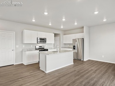 Kitchen featuring stainless steel appliances, white cabinets, dark wood-style flooring, a kitchen island with sink, and recessed lighting
