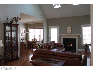 Living Room. Open floor plan features livingroom open to kitchen and dining. Note vaulted ceiling and skylights.  Gas logs