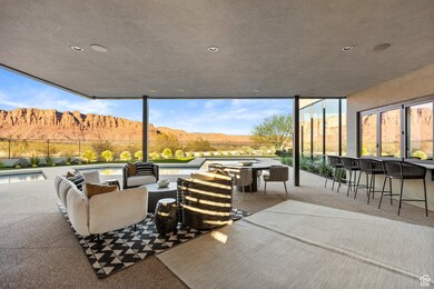 View of patio with a mountain view and an outdoor hangout area
