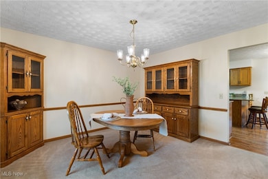 Dining space with a textured ceiling, light carpet, and a chandelier