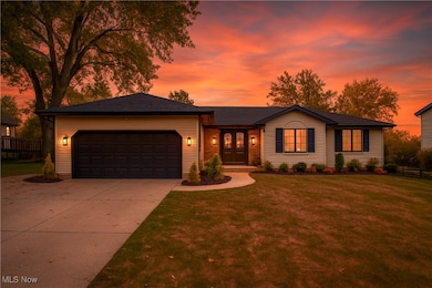 Ranch-style house with driveway, a front lawn, a garage, and french doors