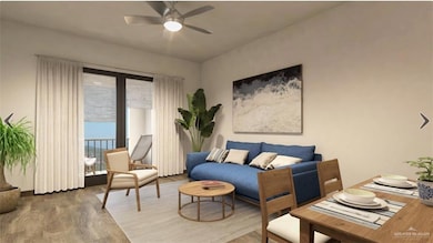 Living room featuring ceiling fan and wood-type flooring