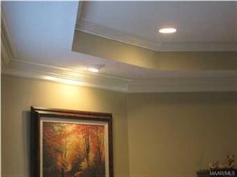 Greatroom showing trey ceiling with recessed light