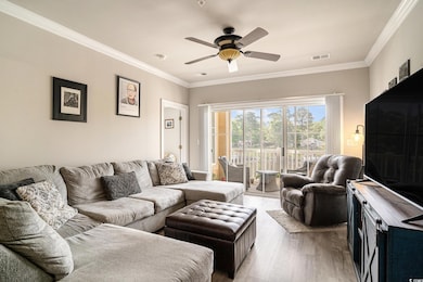 Living area featuring a ceiling fan, light wood-type flooring, and ornamental molding