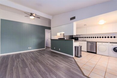 Kitchen with stainless steel dishwasher, white ca