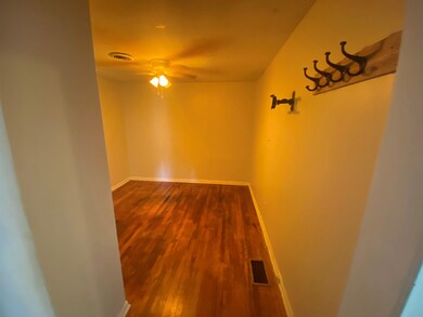 Empty room with baseboards, a ceiling fan, dark wood-type flooring, and visible vents