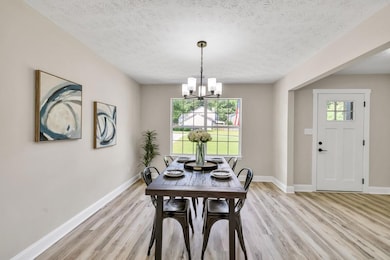 Dining area with light wood finished floors, a textured ceiling, and a chandelier