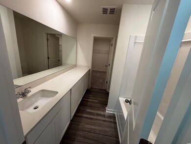 Bathroom with vanity and hardwood / wood-style flo