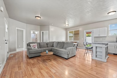 Living room featuring light wood-type flooring and baseboards