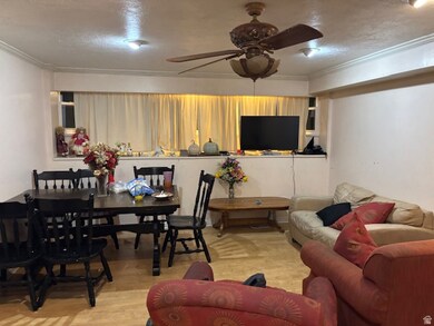 Living area featuring ornamental molding, wood finished floors, ceiling fan, and a textured ceiling