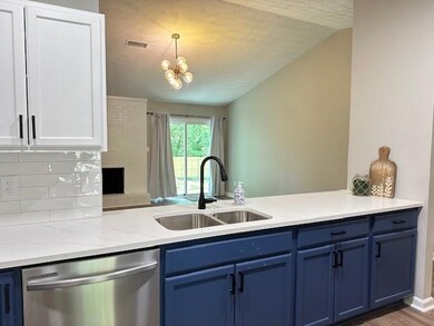Kitchen with vaulted ceiling, stainless steel dish