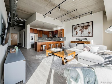 Living area featuring track lighting and dark wood-style floors