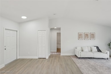 Living area with baseboards, lofted ceiling, and l